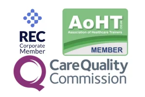 Trust marks: Recruitment and Employment Confederation Corporate Member, Association of Healthcare Trainers Member, and Care Quality Commission.